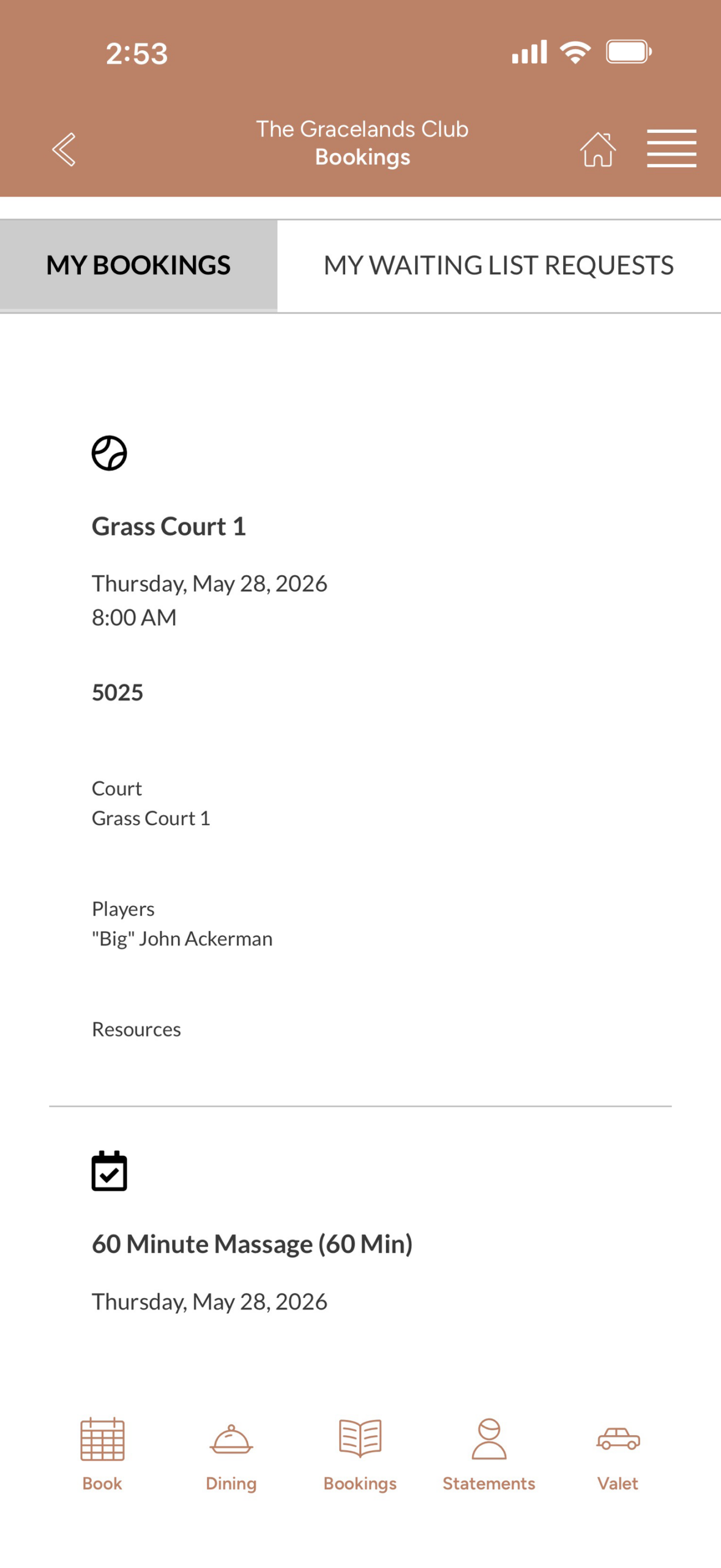 Bookings screen
