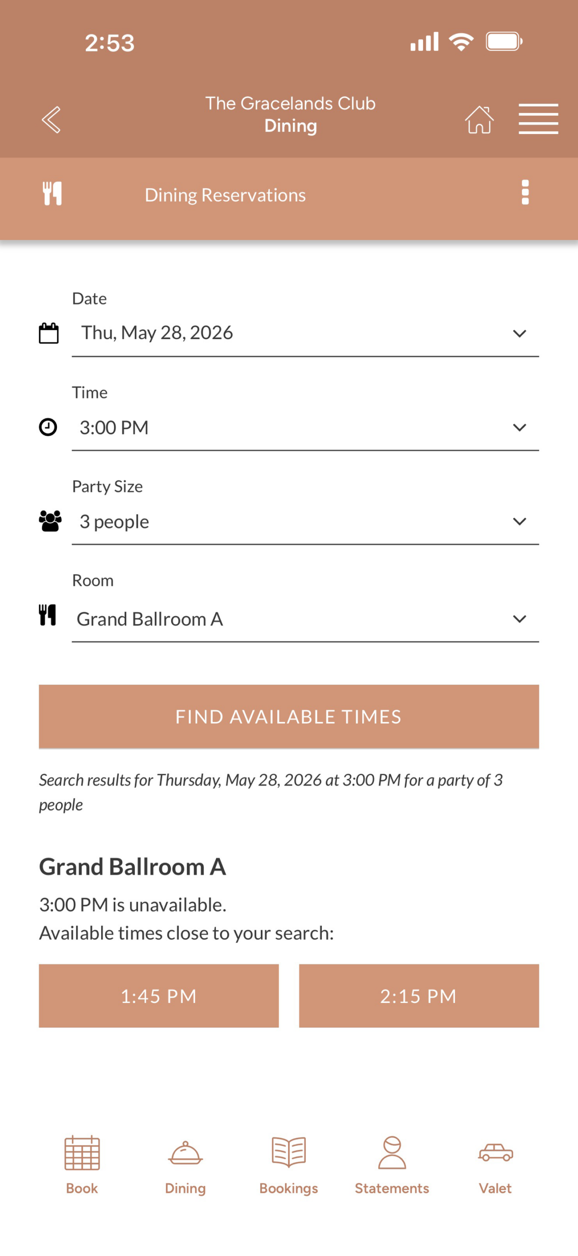 Dining reservation screen