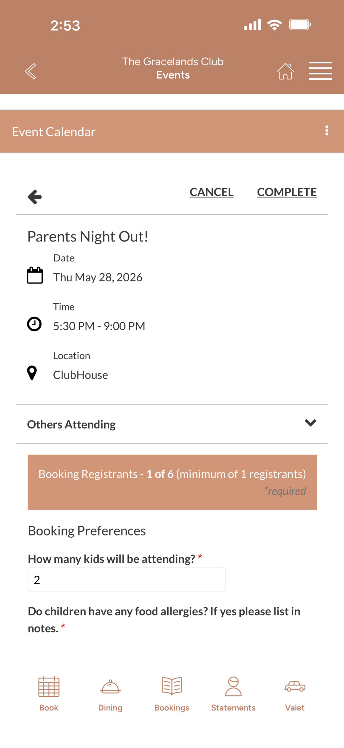 Events screen